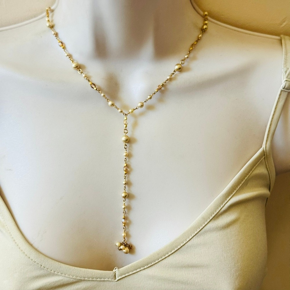 Carolee Signed Gold Tone Y-Drop Necklace Pearl Crystal Beaded Chain Regal 18"
